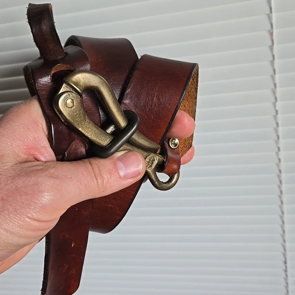36in Vintage Brass Nautical Pelican Hook Darker Brown Leather Belt - Picture 16 of 16